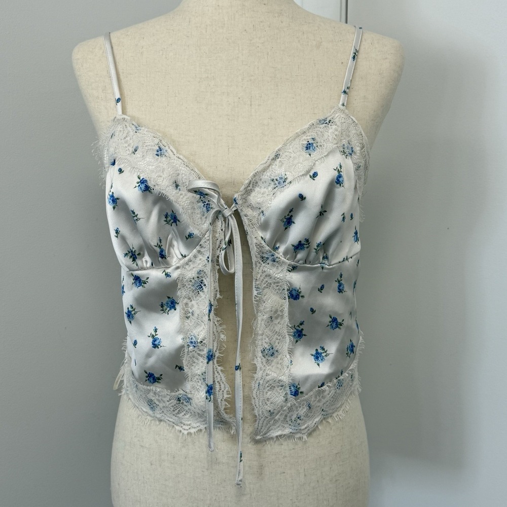 Y2K Fairy Babydoll Top Lace Trim‎ Camisole Cami Size M Blue Floral Coquette Boho